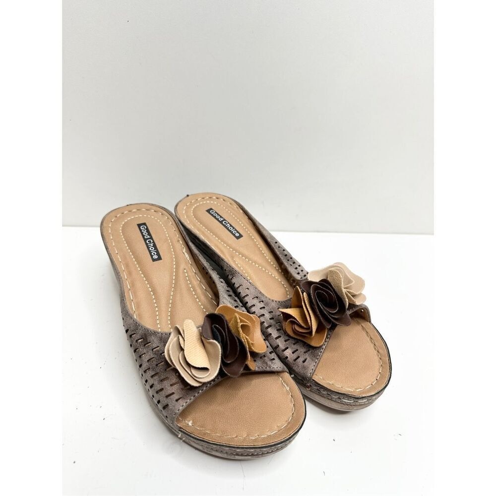 Good Choice Gray Laser Cut Floral Wedge Sandals Peep Toe Slides Size 8 View 3